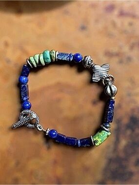 Handcrafted Lapis and Turquoise Beaded Bracelet with Silver Accents